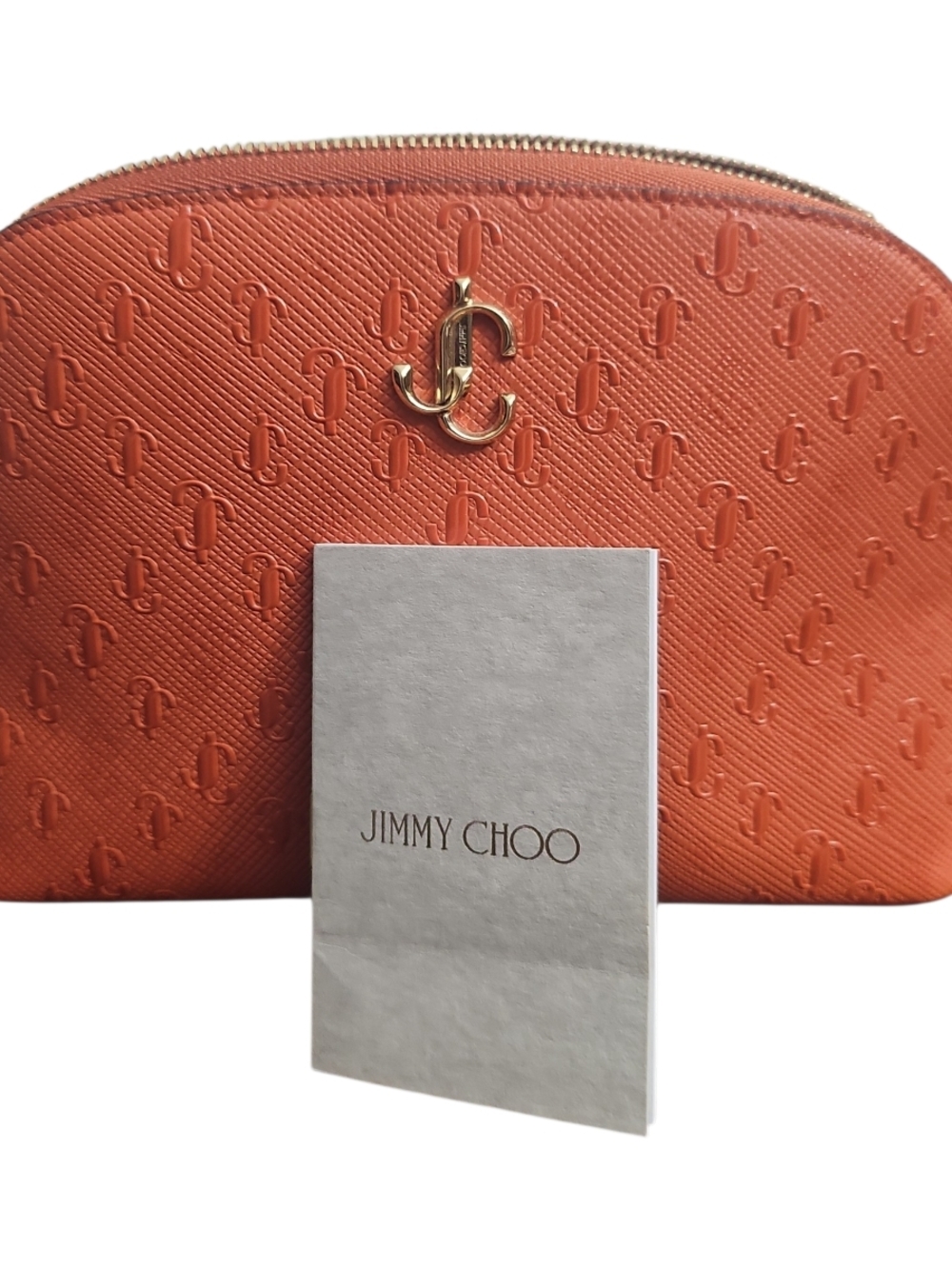Jimmy Choo Coral Orange Embossed Logo Cosmetic Case with Gold JC Emblem W/ COA